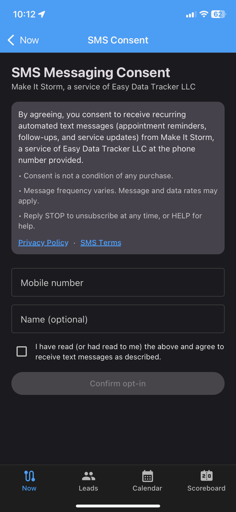 Mobile SMS consent screen with disclosure and unchecked I Agree checkbox