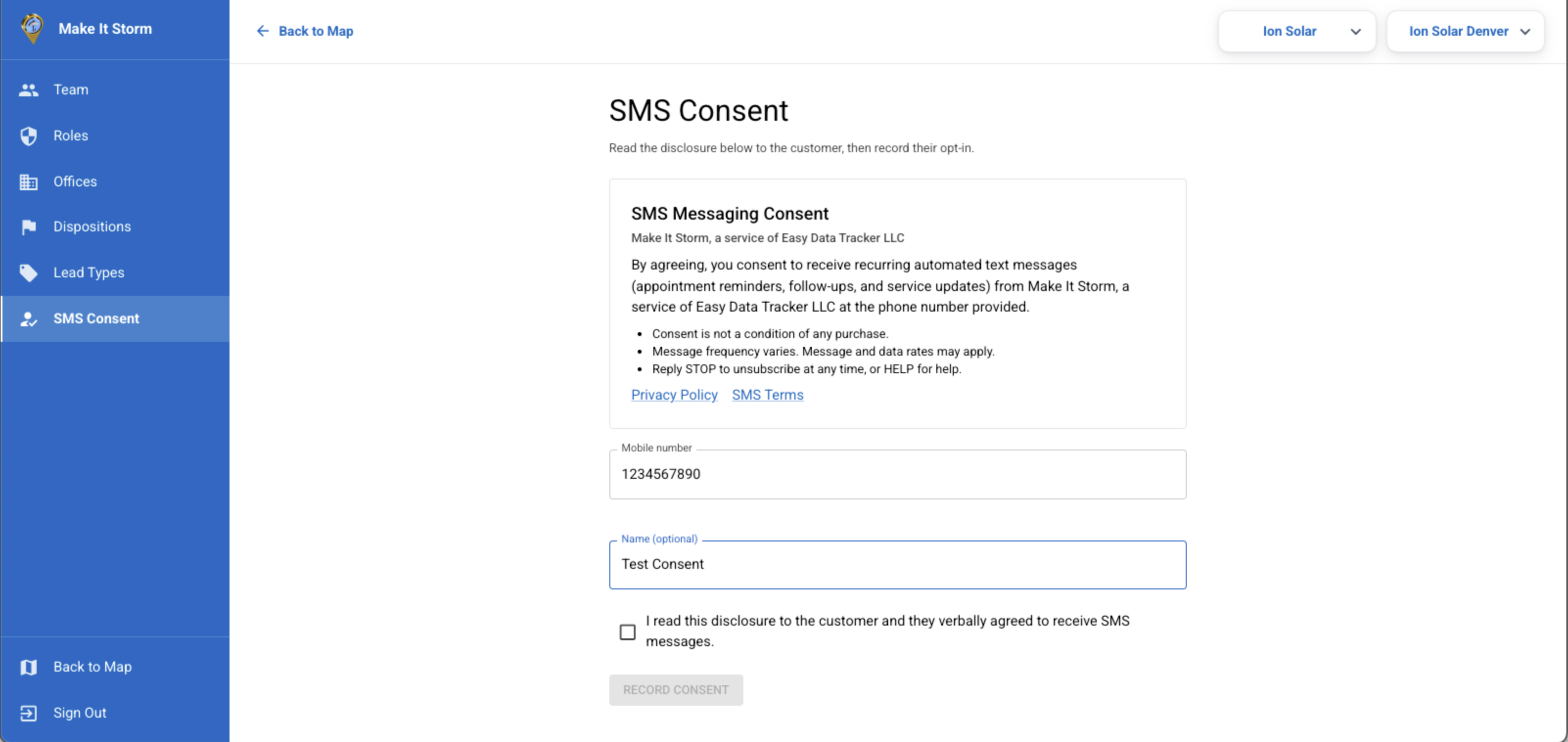 Web app SMS consent form with disclosure and unchecked checkbox